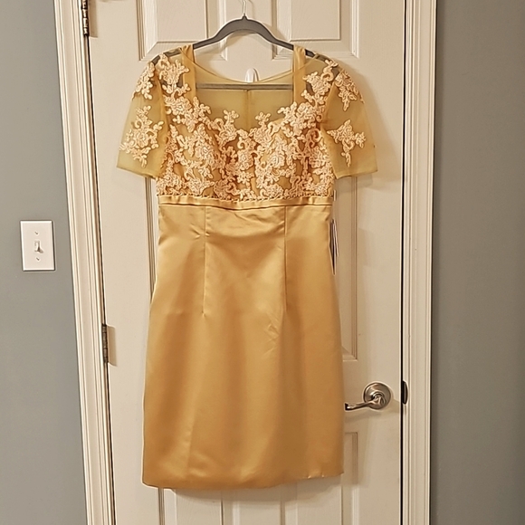 JJs House satin skirt delicate lace-embroidered bodice sheer short sleeves. - Picture 15 of 16